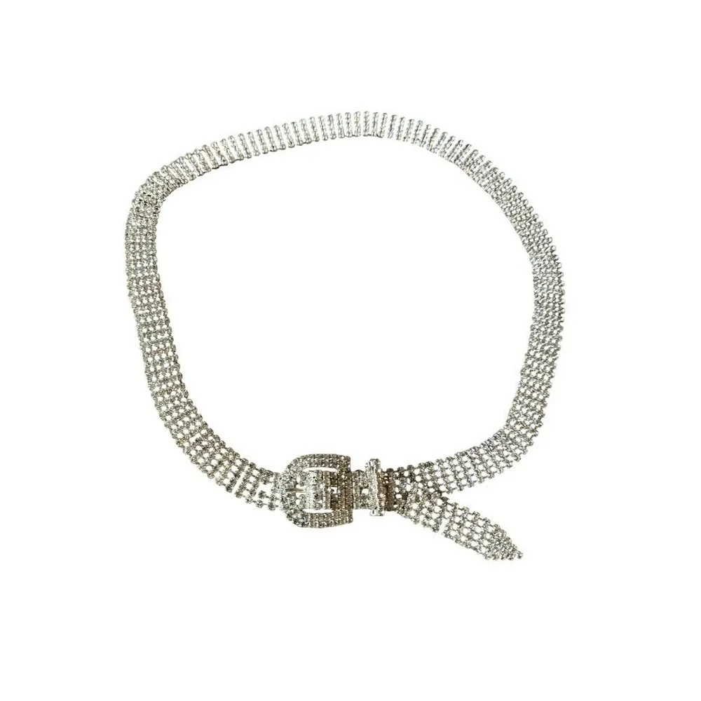 Vintage Rhinestone Crystal Wide Mesh Chain Belt Women One Size Silver Glam Y2K